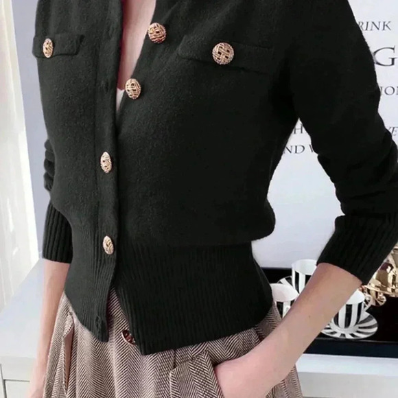 Black Casual Women's Long Sleeve Knit Ribbed Button Round Neck Cardigan - Picture 5 of 5